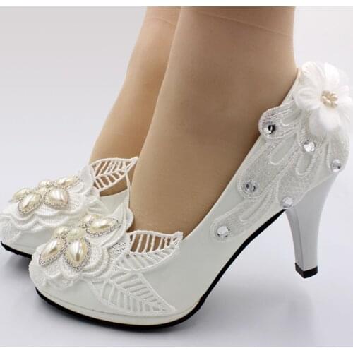 8CM high heel luxury crystal pearls lace shoes woman NQ201 white wedding shoes bride luxury female party birthday dinner pump