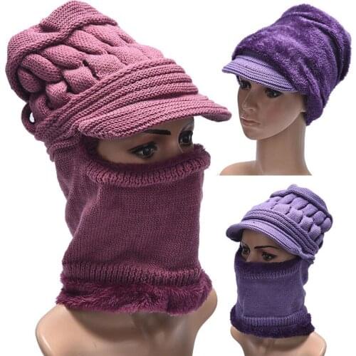 Rabbit Fur Knit Hat For Winter Coat Hat And Scarf Beret Cap Winter Warm Woolen Hat with Bib and Ear Protection Hat Ladies Hat