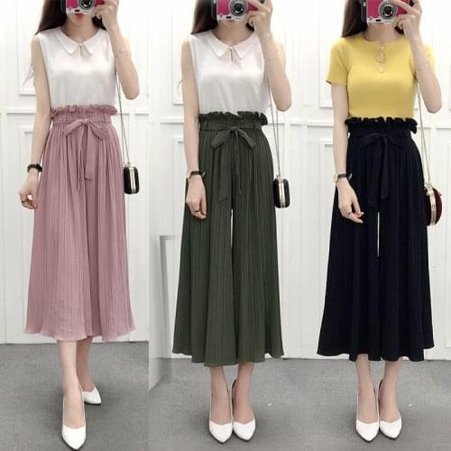 Flounced skirts female summer thin section waist chiffon wide leg pants pantyhose loose pleated trousers flared trousers 013