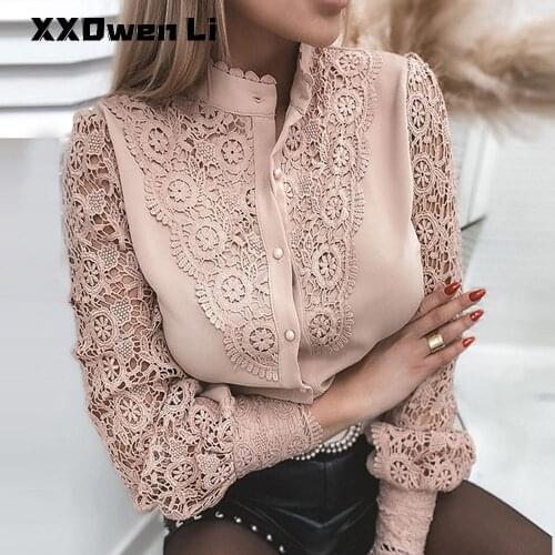 Women Autumn Sexy Lace Hollow Out Pure Color Shirt Buttons Long Sleeve Casual O-Neck Office Ruffles Lady Shirt Woman Fashion Top