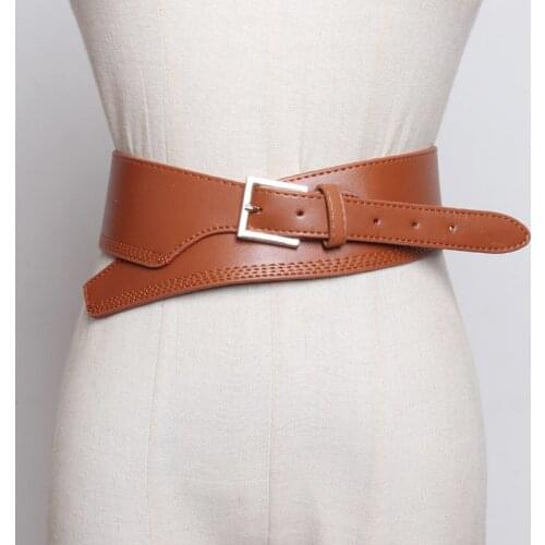 SeeBeautiful New Fashion 2020 Autumn Winter Pin Buckle Irregular PU Leather Wide Girdle Waist Belts Waist Seal Women N983