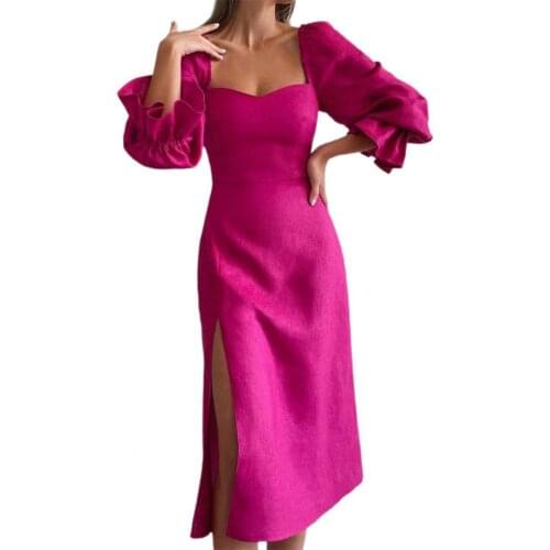 New Autumn Women dress French Square Collar Puff Sleeve Autumn Side Split A-Line Rose Red Long dress Elegant Women Party