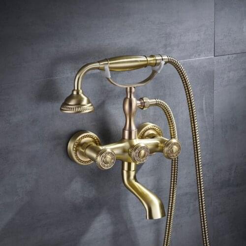 Gold Bathroom Shower Mixer Solid Brass Antique Retro Style Bathtub Shower Set With Hand Shower Faucet Wall Mount Shower Faucet
