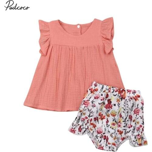 2019 Brand 2Pcs Newborn Kids Baby Girl Clothes Solid Tops Dress Floral Shorts Briefs Outfit Summer Casual Clothing Set