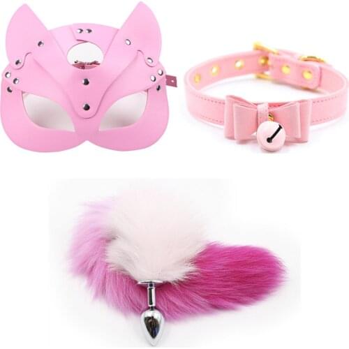 3pcs Cat Mask Women Erotic Mask Sexy collar Sex 40cm Fox Tail Metal Butt Plug Cosplay BDSM Bondage toys for adults