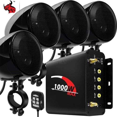 4pcs 1000W Motorcycle Audio Amplifier Boat Speakers System Waterproof Motocross Stereo With Bluetooth,USB,AUX Wired Control