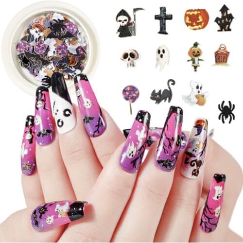 50pcs/jar Halloween Nail Art Decorations 3D Pumpkin Spider Ghost Skull Candy Cross Bat Designs Nail Sequins Manicure Accessories