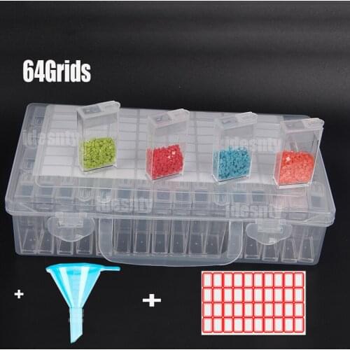 64Grids With Funnel Transparent Plastic Storage Box Diamond Painting Accessories Tool Nail Art Rhinestone Bead Storage Box