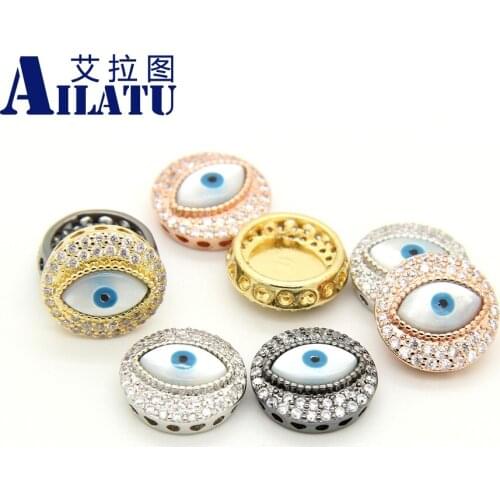 Ailatu Micro Pave Clear CZ Blue Eye Connector Beads for DIY Braiding Macrame Bracelet or Necklace Jewelry