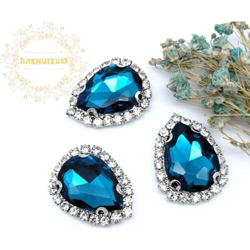 Free shipping! Peacock blue Water drop shape Glass Crystal buckle sew on rhinestones with chain claw Diy Clothing accessories