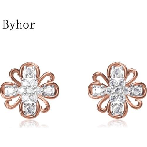 Byhor Solid 14K White/Yellow+White/Rose+White Gold 1.028ct H/SI Natural Diamonds Stud Earrings Women Flower Cерьги Fine Jewelry