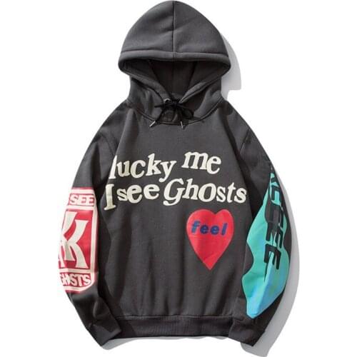 Kanye West Hoodies Men Graffiti Letter Lucky me i see Ghosts Sweatshirt Harajuku Fleece Street HipHop Pullover Bone Loose Hoodie