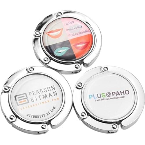 Customize Company Gifts Purse Hook Folding Handbag Holder Purse Table Hanger Promotional Products Custom Logo Epoxy Dome 100pcs