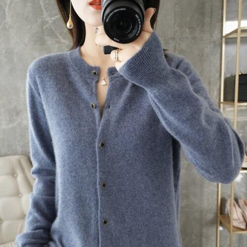 Lafarvie Wool Blends Women Cardigan Sweater Tops For Spring Autumn Femme Clothing 2021 Knit Jumper O Neck Long Sleeve Casual