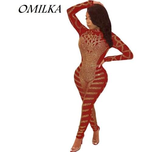 OMILKA 2018 Autumn Winter Women Long Sleeve Stand Neck Diamonds Bodycon Rompers and Jumpsuits Sexy Black Red Blue Party Overalls