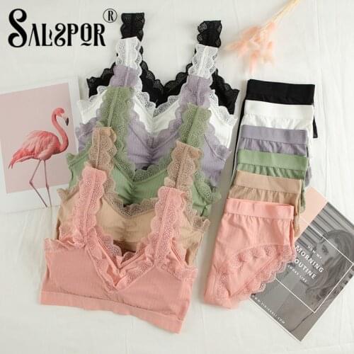 SALSPOR Women Bra Panties Set Seamless Lace Straps Wireless Crop Top Solid Push Up Soft Underwear Sets
