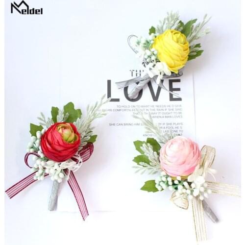 Meldel Boutonniere Men Wedding Bracelet Bridesmaids Silk Roses Boutonniere Flowers Corsage Pin Wedding Brooches Witness Corsages