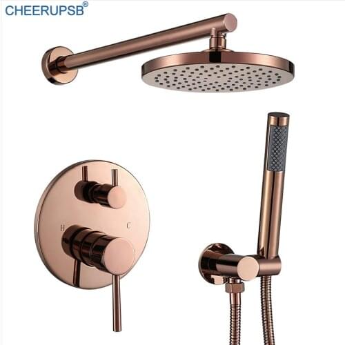 Rose Gold Shower Set Bathroom Wall Mount Bath Faucet Hot and Cold Water Mixer Shower System Hotel Round Tube Luxury Bathtub Tap