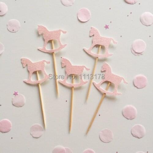 Cheap Rocking Horse Glitter Cupcake Toppers baby shower birthday cake toothpicks wedding topper