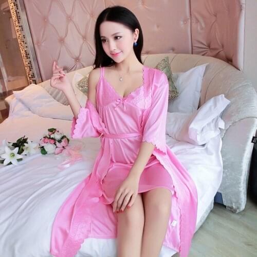 Womens Sexy Pajamas Two-Piece Lace Ice Silk Satin Night Dress Nightgown Homewear Autumn Summer Long Solid Color Sleepwear