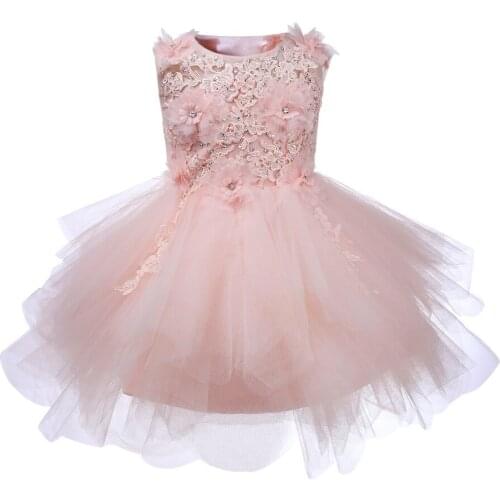 Pink Lace Beads Baby Girl Dress Flower Christening Gowns Baptism Clothes Newborn Kids Girls Birthday Princess Infant Party Dress