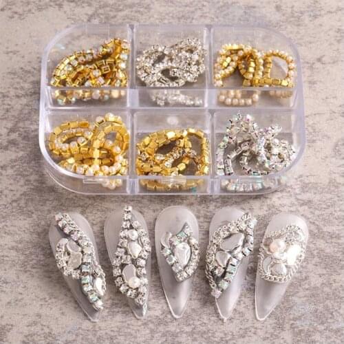 Q1QD 6Pcs/Box Nail Art Rhinestone Metal Chain Gold Silver Studs Jewelry Nail Art Gems Gel Glue Charms Manicure Accessories