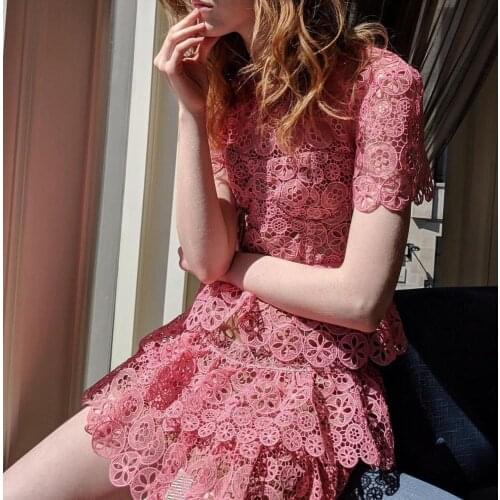 Powder Pink Lace Embroidered Tiered Mini Dress Circle Floral Eyelet Skater Triangle Cutout Silhouettes Party Date Layered Gown