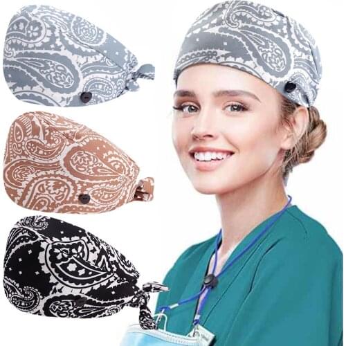 Women Nurse Turban Hats Men Doctor Hedging Caps Bandage Buttons Sweatband Fashion Unisex Fashion Printing Breathable Gourd Caps