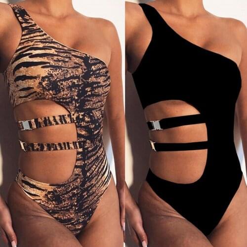 One Piece Womens Bikini Tiger Stripes Solid Swimwear Single Shoulder Swimsuit High Waist Sexy Bathing Set Push Up Fashion Dress