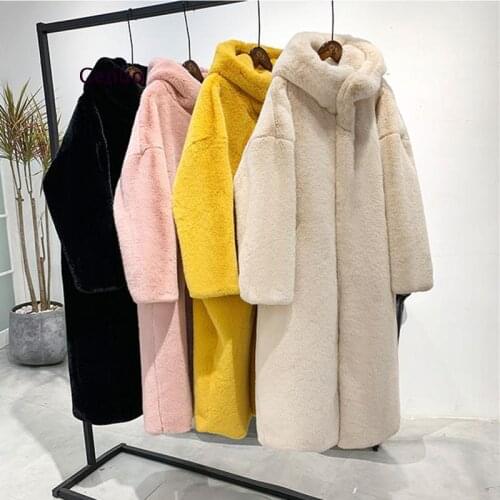 Female Winter New Faux Rabbit Fur Coat Thick Warm Flocking Women Luxury Long Fur Jacket Hooded Plus Size Parka Plush Coats