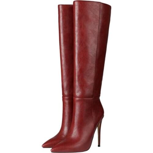 Leather Pointed Toe Slip On High Heel Women Knee High Boots Fashion Winter Boots Work Office Students Plus Size 45