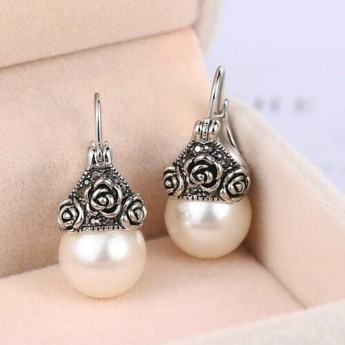 ZHOUYANG Imitation Pearl Earrings For Women Aesthetic Rose Flowers Ancient Silver Color Drop Earing Wedding Bride Jewelry E704
