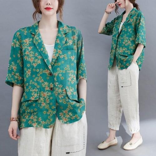 Summer Thin Blazer For Women Vintage Floral Print Fashion Loose Casual Oversize Jacket Single Button Cardigan Female Outerwear