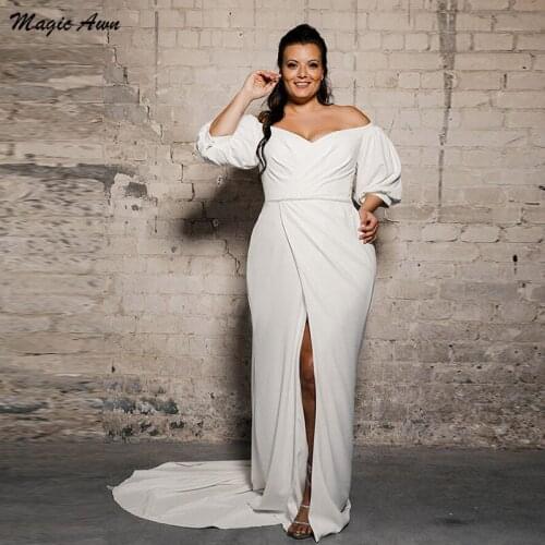 Magic Awn Vintage Satin Plus Size Mermaid Wedding Dresses Short Puff Sleeves Off Shoulder Side Split Cheap Mariage Gowns Vestido