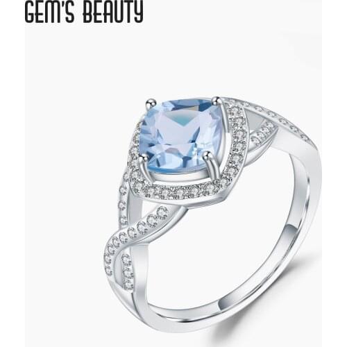 GEMS BEAUTY 925 Sterling Silver Angel Eyes Rings Natural Emerald Cut Sky Blue Topaz Handmade Rings For Women Romantic Gift