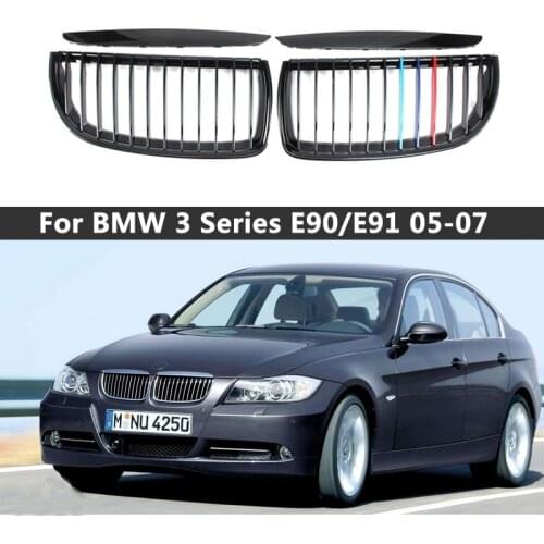 1 Pair Gloss Matt Black M Color 2 Line Front Kidney Grille Grill Double Slat For BMW E90 E91 3 Series 2005 2006 2007 2008