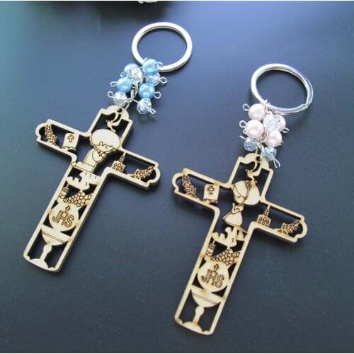 12 Pcs Wood Keychain Favor for boys Girls Gift for Guest Recuerdos para Primera Comunion with Gift Bags cross keychain