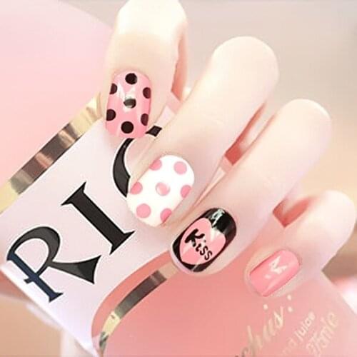 24 Pcs Fake Nails Girl Cute False Nail KISS Designs Pattern Unhas Press on Nails Dot Stripe Full Cover Short Natural Tips -27