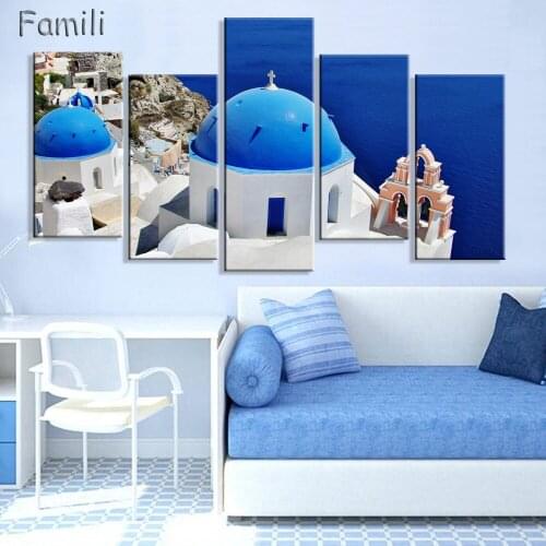 Unframed 5 pieces on Canvas Prints Santorini island building Cartoon flower bird rose orchid Chrysanthemum Daisy decoration