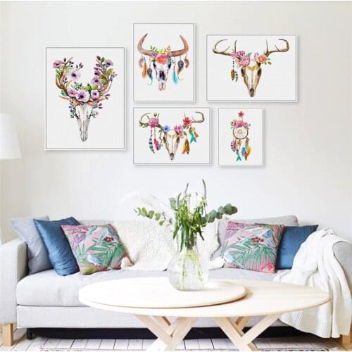 Bohemian Watercolor Deer Skull Poster Art Prints , Buffalo Bull Animal Skull With Flowers Wall Pictures Canvas Painting