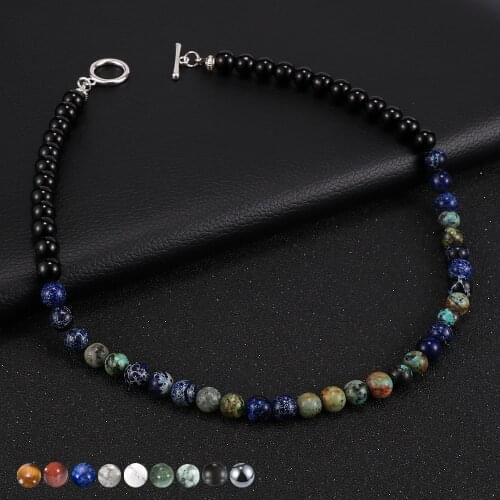 Men Natural Map Stone Tiger Eye Lapis Lazuli Stone Beads Necklace Hematite Lava Rock Choker Neck Chain Simple Jewelry 45cm/50mm