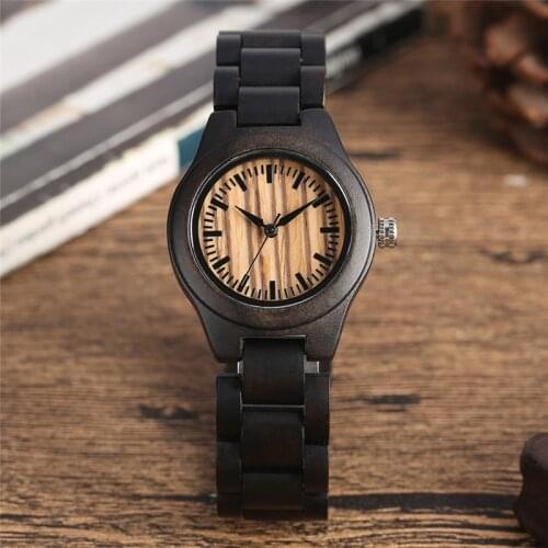 Handmade Ebony Wood Watch Womens Bracelet Watches Wooden Quartz Analog Wristwatch Full Bamboo Adjustable Strap Casual Clock