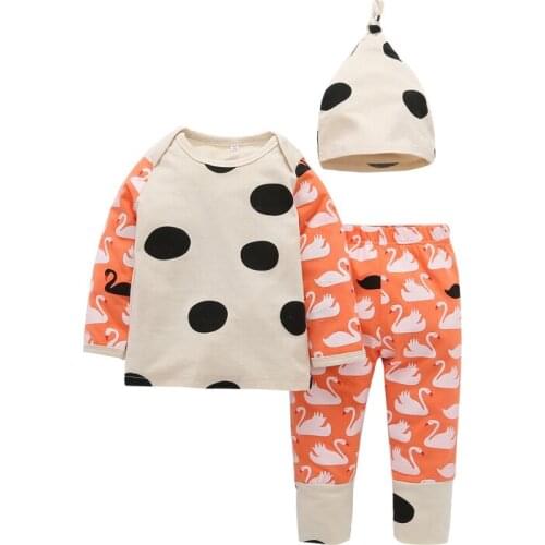 2018 Baby boys childrens casual 3-piece suit long-sleeved T-Shirt +Cartoon swan trousers +Hat Infant Toddle girls clothes set