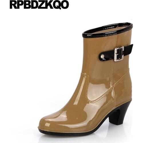 Rain Chunky High Heel Shoes Women Ankle Boots Medium Female Round Toe Fall Autumn Waterproof Cheap Pvc Slip On Rainboots New