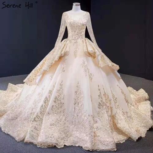 Dubai Gold Sequined Lace Up Wedding Dresses Design 2020 Long Sleeves Luxury Sexy Bridal Gowns HM66949 Custom Made