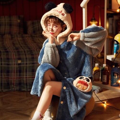 Flannel Nightgown Women Thicken Nightdress Cute Cartoon Panda Hooded Bath robe Warm Home wear Bathrobe Plus Size