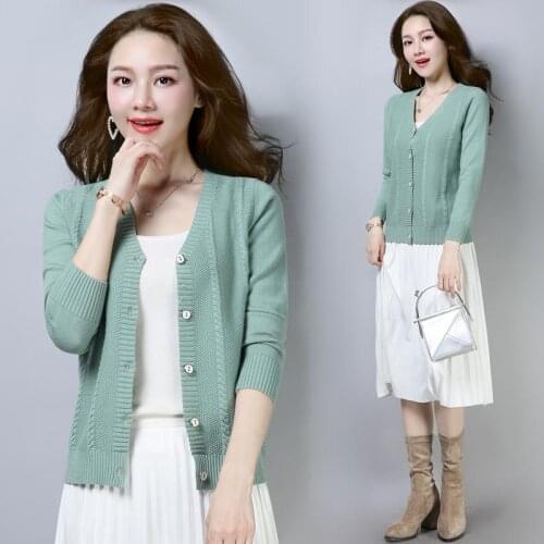 Fashion 2020 Spring Cardigan Women Elegant Solid Single Breasted Knitted Casual Korean Style Tops V Neck Sweater Coat Plus Size