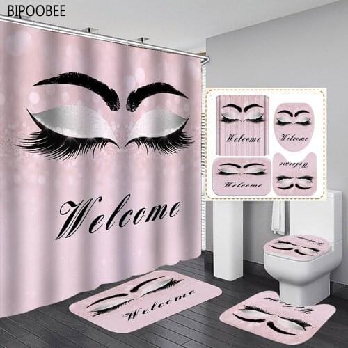 Trendy Rose Gold Eyelash Shower Curtain Set Bathroom Curtains Pedestal Non-slip Carpet Flannel Toilet Lid Cover Bath Mats Rugs