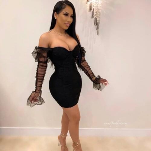 Zoctuo Solid Mini Dress Club Sexy Party Elegant Bodycon Dresses For Women Off Shoulder See Through Mesh Long Sleeve Girls Dress