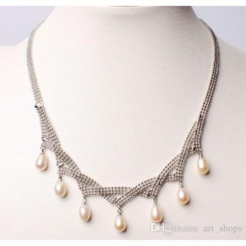 7-9mm Natural White Color Freshwater Pearl White Gilded Necklace Jewelry 17"